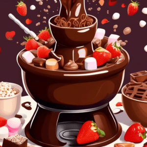 A chocolate fondue fountain overflowing with rich, melted chocolate, surrounded by strawberries, marshmallows, and pretzels.