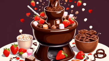 A chocolate fondue fountain overflowing with rich, melted chocolate, surrounded by strawberries, marshmallows, and pretzels.