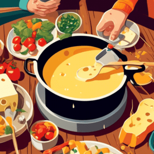 A pot of bubbling cheese fondue on a wooden table surrounded by people dipping bread and vegetables.