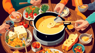 A pot of bubbling cheese fondue on a wooden table surrounded by people dipping bread and vegetables.