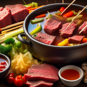 A pot of simmering beef broth with skewers of raw beef, colorful vegetables, and dipping sauces arranged on a rustic wooden table.