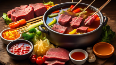 A pot of simmering beef broth with skewers of raw beef, colorful vegetables, and dipping sauces arranged on a rustic wooden table.