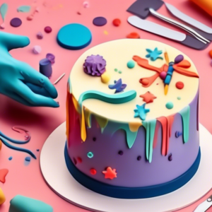 A hand delicately smoothing colorful fondant icing onto a layered cake, with fondant tools and decorations scattered around.