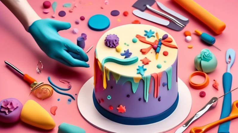 A hand delicately smoothing colorful fondant icing onto a layered cake, with fondant tools and decorations scattered around.