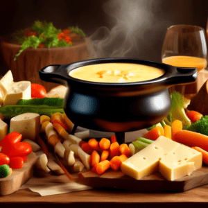 A rustic wooden table with a pot of bubbling cheese fondue, assorted bread cubes, and vegetables for dipping.