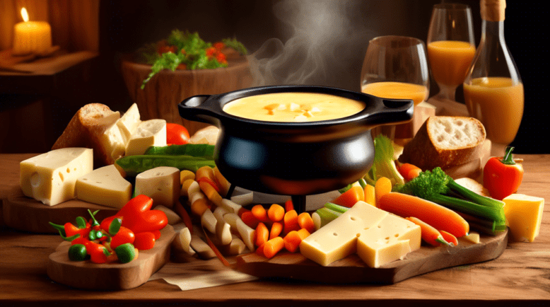 A rustic wooden table with a pot of bubbling cheese fondue, assorted bread cubes, and vegetables for dipping.