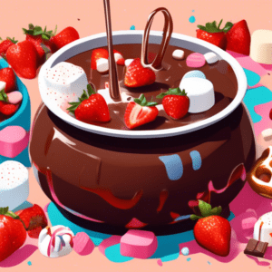 A pot of melting chocolate fondue surrounded by strawberries, marshmallows, and pretzels.