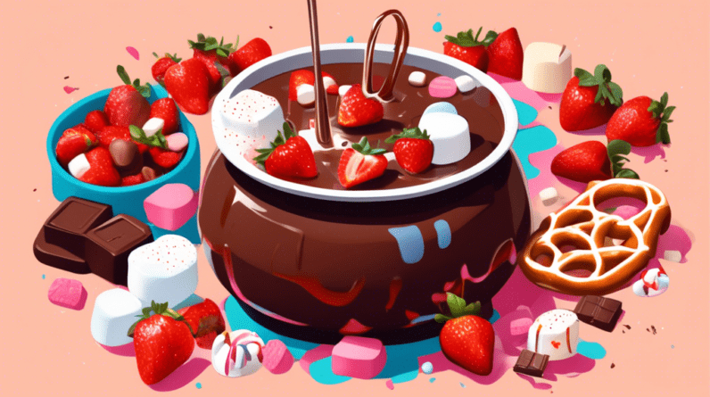 A pot of melting chocolate fondue surrounded by strawberries, marshmallows, and pretzels.