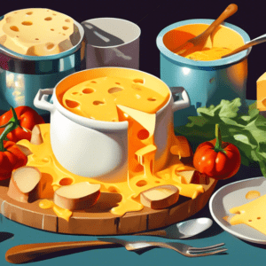 A pot of melted cheese on a table with forks, bread cubes, and vegetables surrounding it.