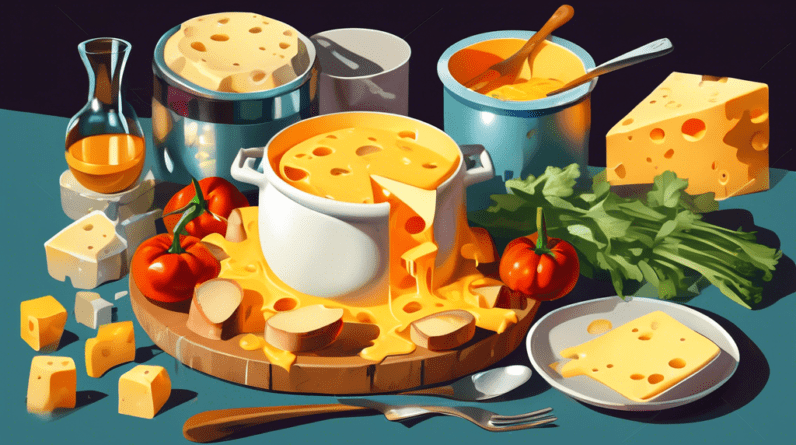 A pot of melted cheese on a table with forks, bread cubes, and vegetables surrounding it.