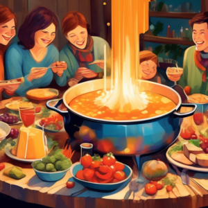 A cozy and festive gathering around a rustic table with a bubbling fondue pot as the centerpiece, friends sharing laughter and dipping bread and vegetables into the cheese.