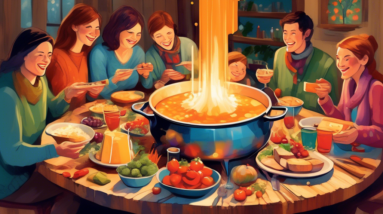 A cozy and festive gathering around a rustic table with a bubbling fondue pot as the centerpiece, friends sharing laughter and dipping bread and vegetables into the cheese.