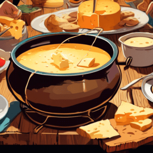 A pot of bubbling cheese fondue on a rustic wooden table surrounded by friends dipping bread.