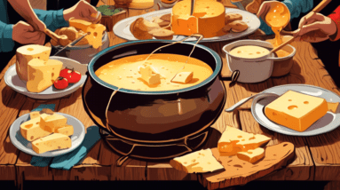 A pot of bubbling cheese fondue on a rustic wooden table surrounded by friends dipping bread.