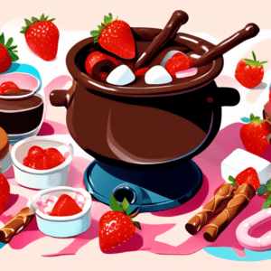 A pot of melting chocolate fondue surrounded by strawberries, marshmallows, and pretzels.