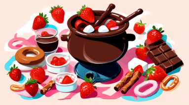 A pot of melting chocolate fondue surrounded by strawberries, marshmallows, and pretzels.