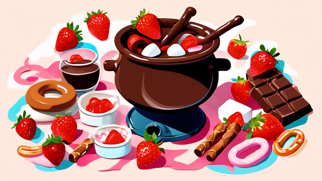 A pot of melting chocolate fondue surrounded by strawberries, marshmallows, and pretzels.