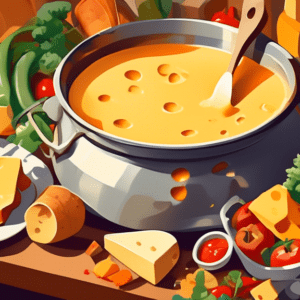 A pot of melted cheese fondue on a table with bread cubes, vegetables, and friends gathered around.