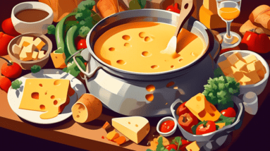 A pot of melted cheese fondue on a table with bread cubes, vegetables, and friends gathered around.