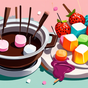 A double boiler melting chocolate over a stovetop, with skewers of fruit and marshmallows ready to be dipped.