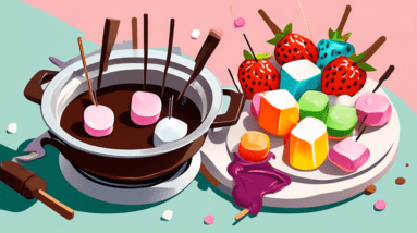 A double boiler melting chocolate over a stovetop, with skewers of fruit and marshmallows ready to be dipped.