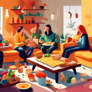 A cozy living room with a pot of melted cheese fondue bubbling on a coffee table surrounded by people dipping bread and vegetables.