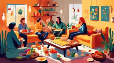 A cozy living room with a pot of melted cheese fondue bubbling on a coffee table surrounded by people dipping bread and vegetables.