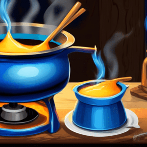 A fondue pot filled with melted cheese being heated over a blue flame burner on a rustic wooden table.