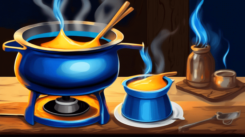 A fondue pot filled with melted cheese being heated over a blue flame burner on a rustic wooden table.