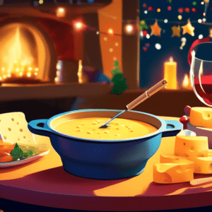 A pot of bubbling cheese fondue on a cozy table with a lit sterno underneath and a festive gathering in the background