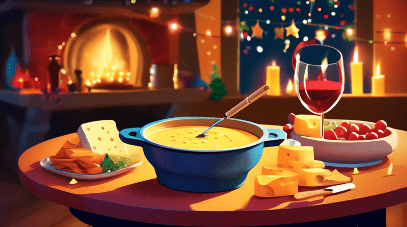 A pot of bubbling cheese fondue on a cozy table with a lit sterno underneath and a festive gathering in the background