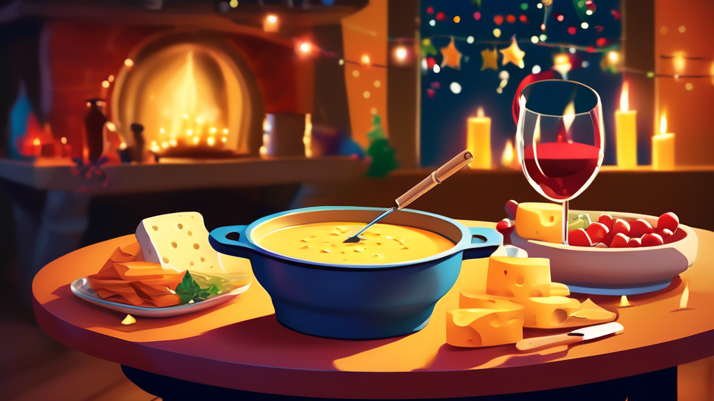 A pot of bubbling cheese fondue on a cozy table with a lit sterno underneath and a festive gathering in the background