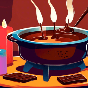 A pot of melted chocolate fondue steaming on a table with candles underneath.