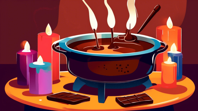 A pot of melted chocolate fondue steaming on a table with candles underneath.