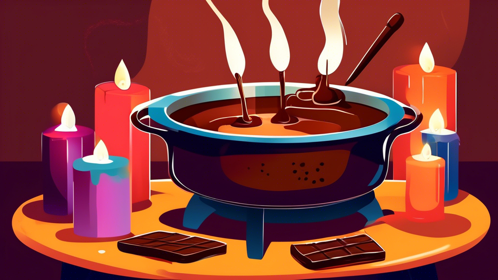 A pot of melted chocolate fondue steaming on a table with candles underneath.