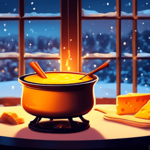 A pot of melted cheese fondue glowing warmly on a cozy table with a snowy window in the background.