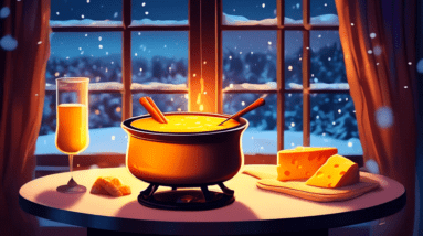 A pot of melted cheese fondue glowing warmly on a cozy table with a snowy window in the background.