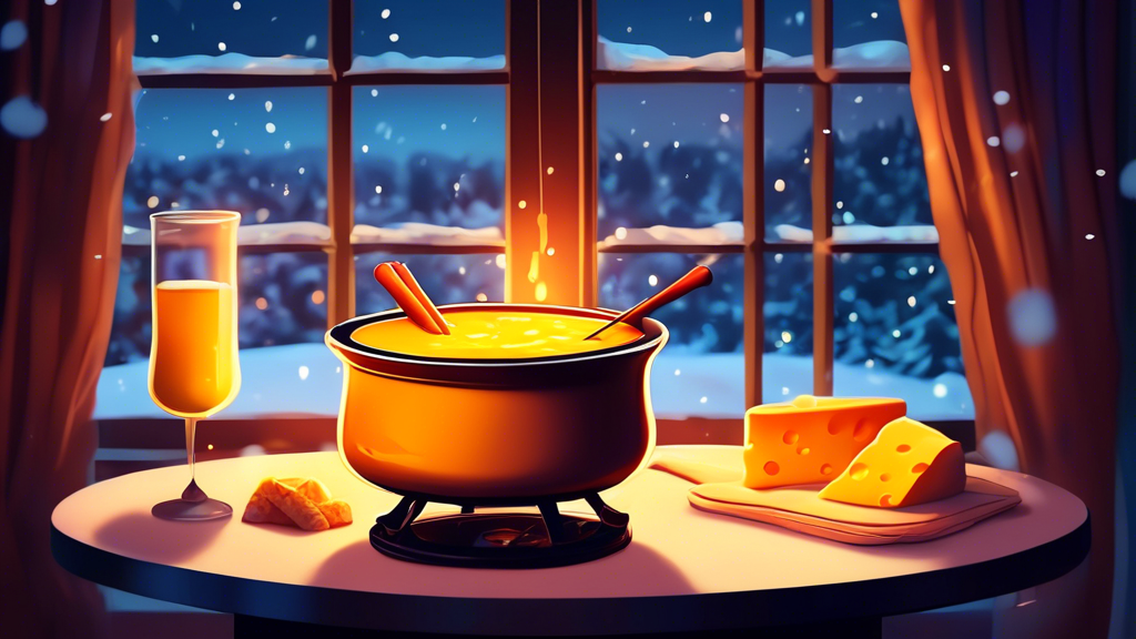A pot of melted cheese fondue glowing warmly on a cozy table with a snowy window in the background.