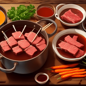 A pot of simmering beef broth with skewers of raw beef, bowls of dipping sauces, and vegetables arranged on a rustic wooden table.