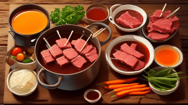 A pot of simmering beef broth with skewers of raw beef, bowls of dipping sauces, and vegetables arranged on a rustic wooden table.