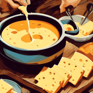 A pot of bubbling cheese fondue on a rustic wooden table surrounded by friends dipping bread.