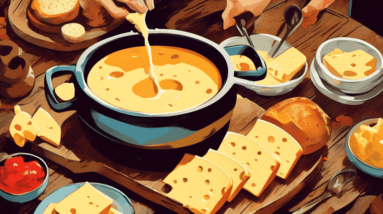 A pot of bubbling cheese fondue on a rustic wooden table surrounded by friends dipping bread.