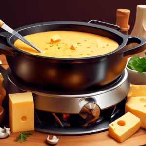 A pot of melted cheese fondue on a stovetop with ingredients like garlic, herbs, and bread cubes arranged around it, without any wine visible.