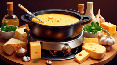 A pot of melted cheese fondue on a stovetop with ingredients like garlic, herbs, and bread cubes arranged around it, without any wine visible.