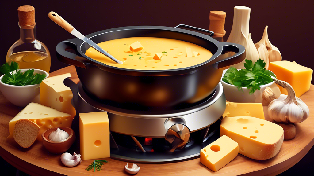 A pot of melted cheese fondue on a stovetop with ingredients like garlic, herbs, and bread cubes arranged around it, without any wine visible.