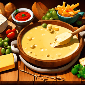 A rustic wooden table with a pot of bubbling cheese fondue and assorted dipping items like bread cubes, vegetables, and meats.