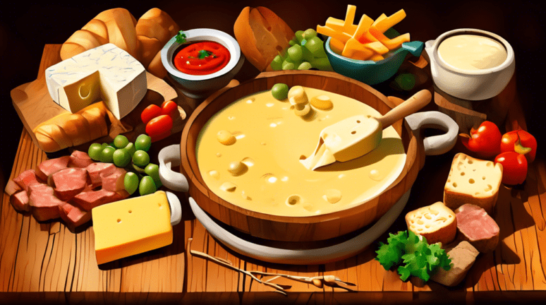 A rustic wooden table with a pot of bubbling cheese fondue and assorted dipping items like bread cubes, vegetables, and meats.