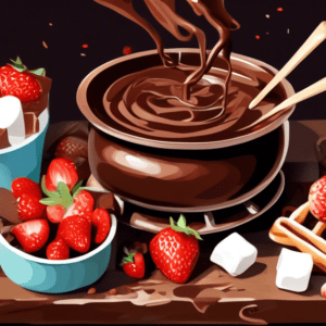 A pot of melting chocolate fondue surrounded by strawberries, marshmallows, and pretzels on a rustic wooden table.