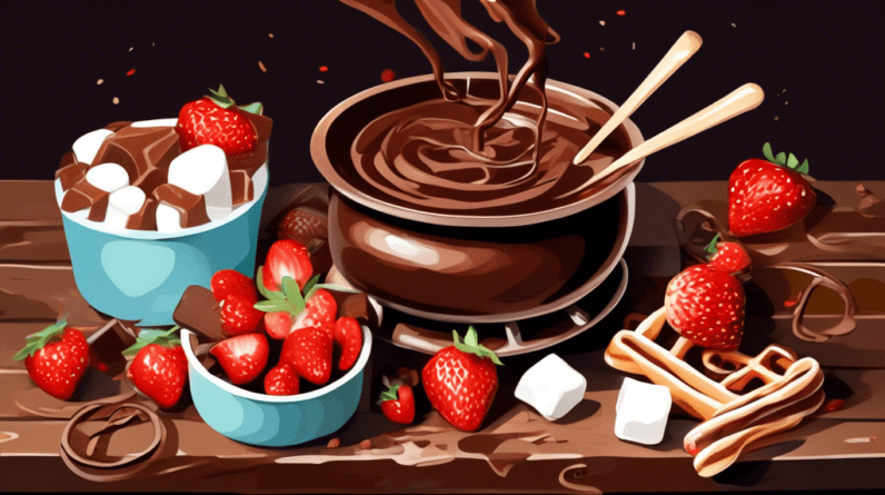 A pot of melting chocolate fondue surrounded by strawberries, marshmallows, and pretzels on a rustic wooden table.