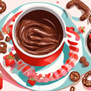 A double boiler filled with melted chocolate and a plate of strawberries, marshmallows, and pretzels ready for dipping.